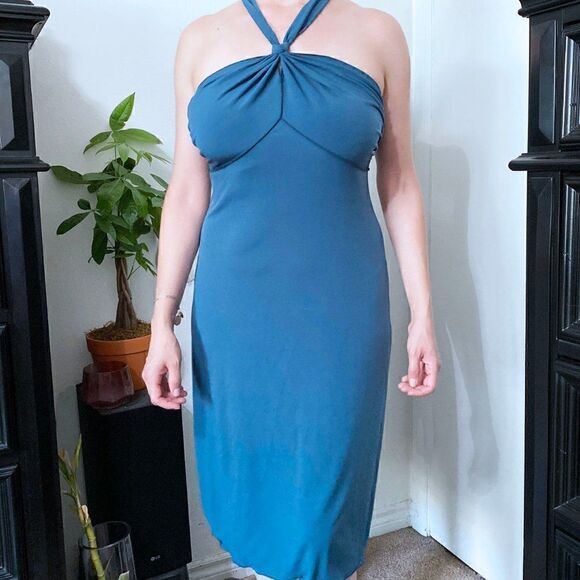 EUC Teal Knotted Front Halter Cocktail Midi Dress - Picture 6 of 14